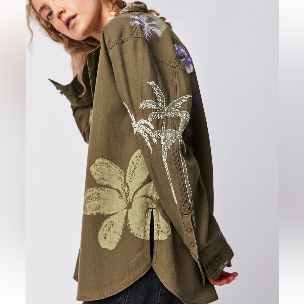 Free People We the Free Blooms and Palms Shacket  in Army Combo